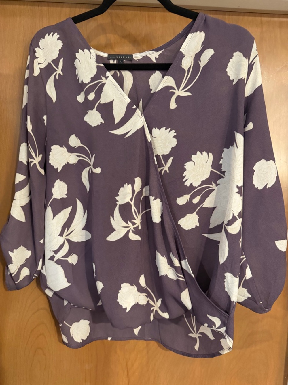 West Kei Purple Floral Surplice Blouse with White Print